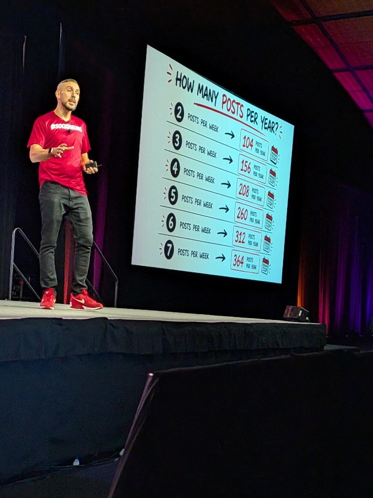 Daniel Disney presenting live on stage beside a slide on posting frequency