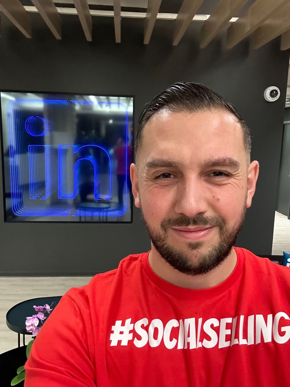 Daniel Disney visiting LinkedIn in his Social Selling shirt