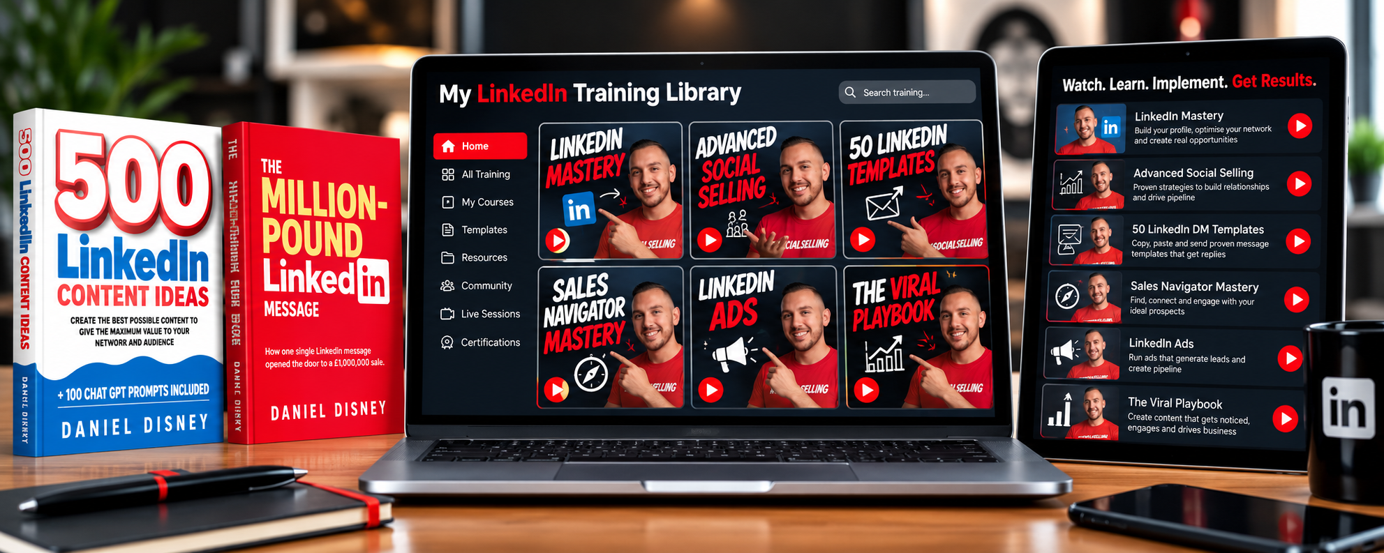 Daniel Disney’s online training library displayed on a laptop and tablet beside The Million Pound LinkedIn Message and 500 LinkedIn Content Ideas